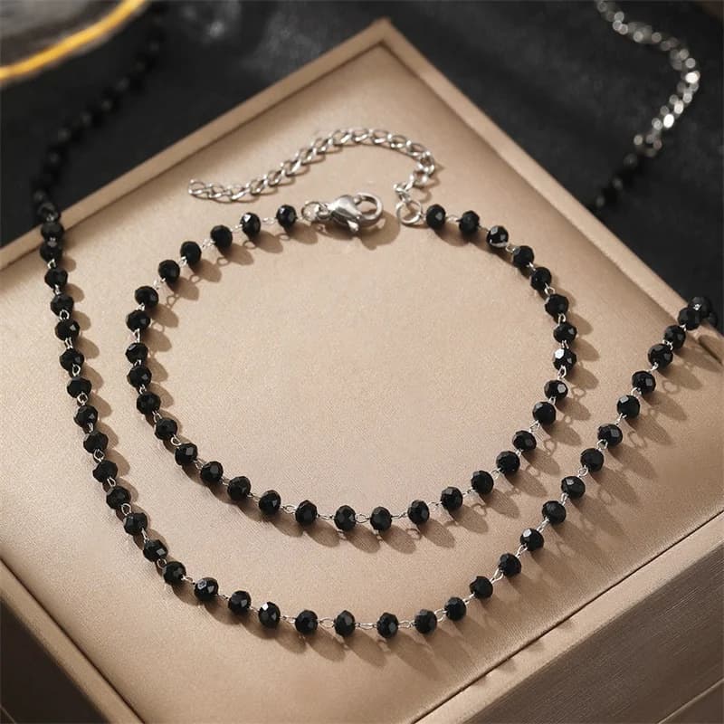 Black Bead Chain Necklace and Bracelet Set