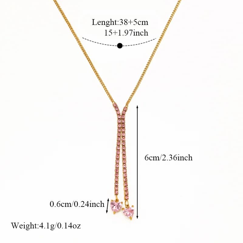 Pink Zircon Long Pendant Necklace, Gold Plated