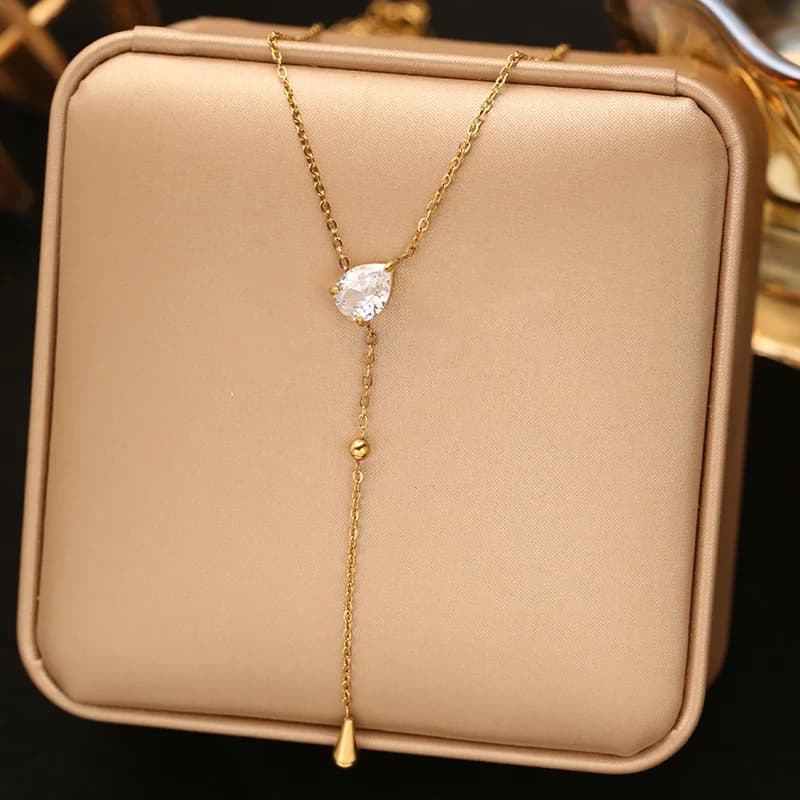 Pink Zircon Long Pendant Necklace, Gold Plated