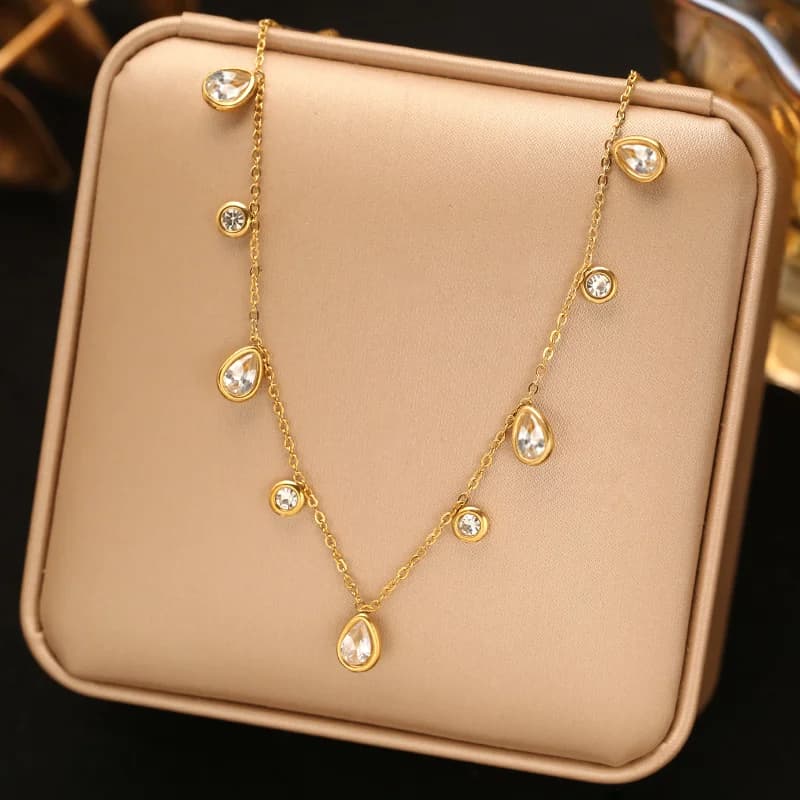 Pink Zircon Long Pendant Necklace, Gold Plated
