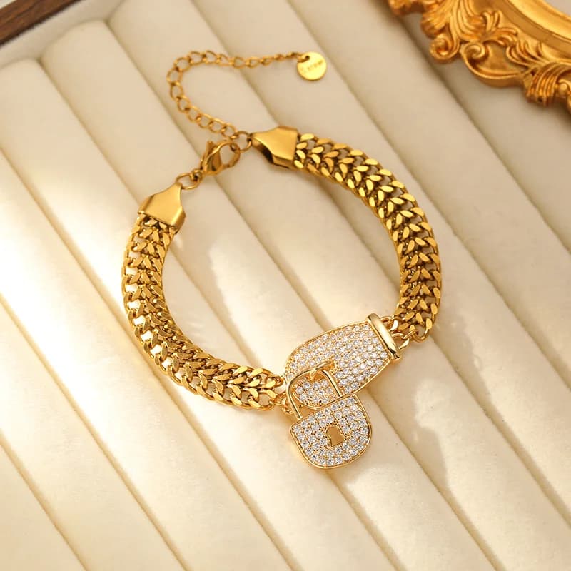 Stainless Steel Rhinestone Lock Charm Bracelet