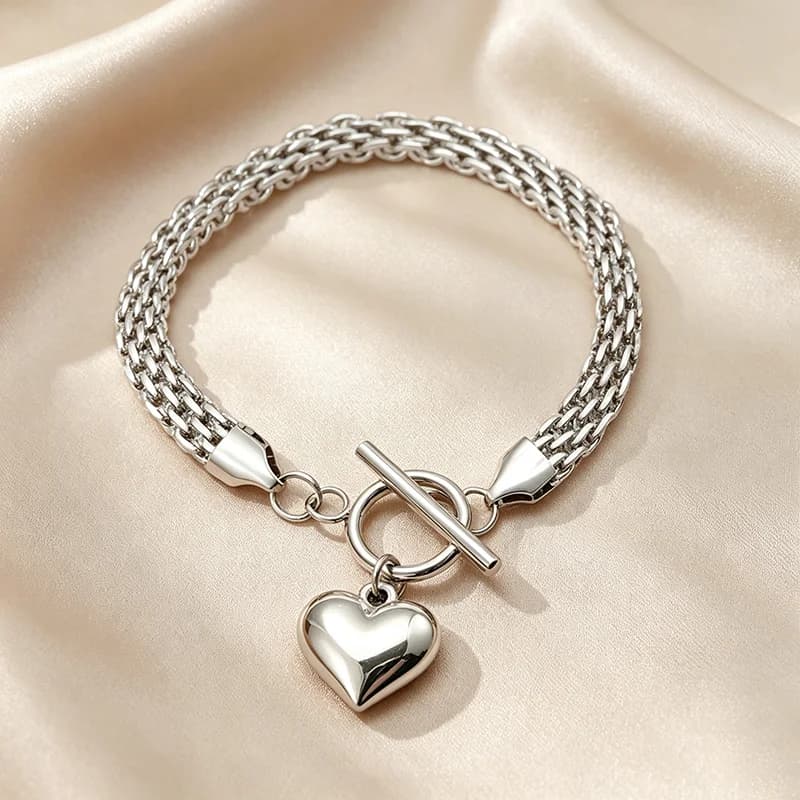 Stainless Steel Heart Charm Bracelet Bangle