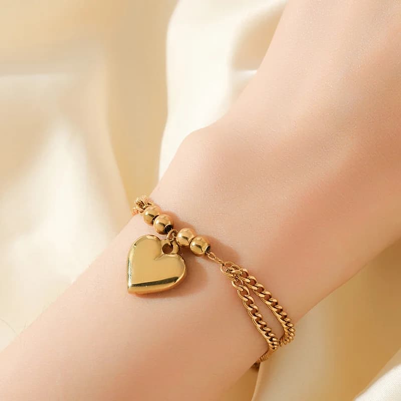 Gold Heart Charm Necklace and Bracelet Set