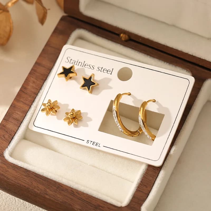 3-Pair Star and Flower Hoop Stud Earring Set