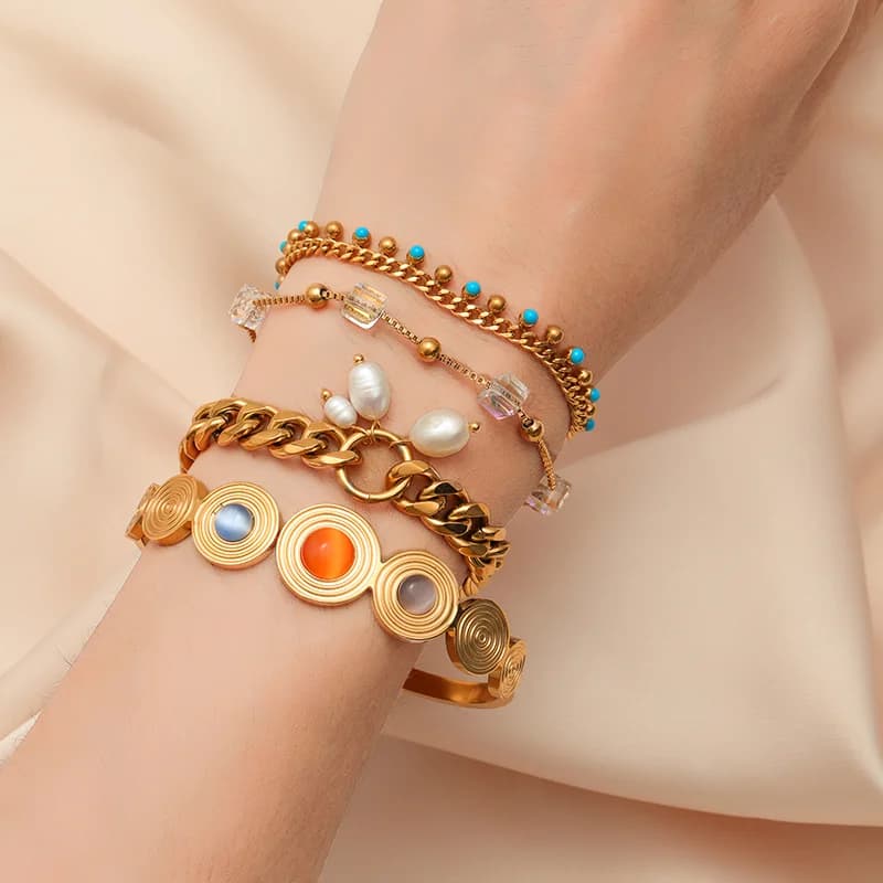 Okrągłe kolorowe kamienie bransoletki typu bangle ze stali nierdzewnej