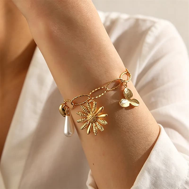 Flower Pearl Charm Herringbone Bracelet, 18K Gold