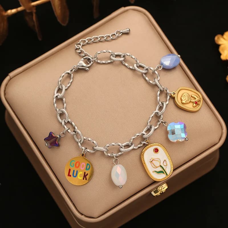 Stainless Steel Heart Charm Bracelet Bangle