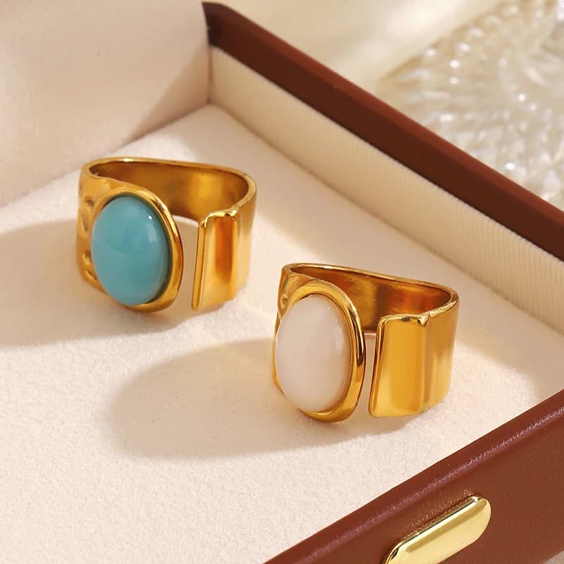 Stainless Steel Vintage Oval Stone Adjustable Ring