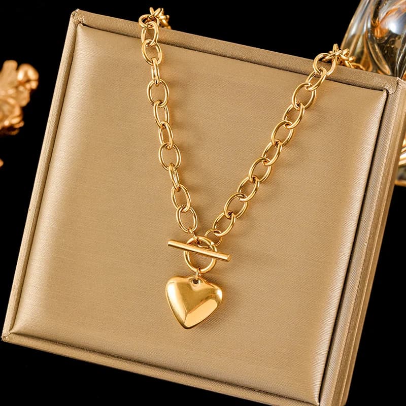 Gold Heart Charm Necklace and Bracelet Set