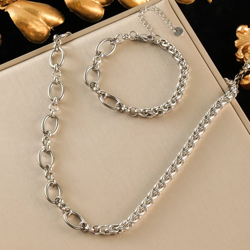 Asymmetric Chain Necklace and Bracelet Set, Gold