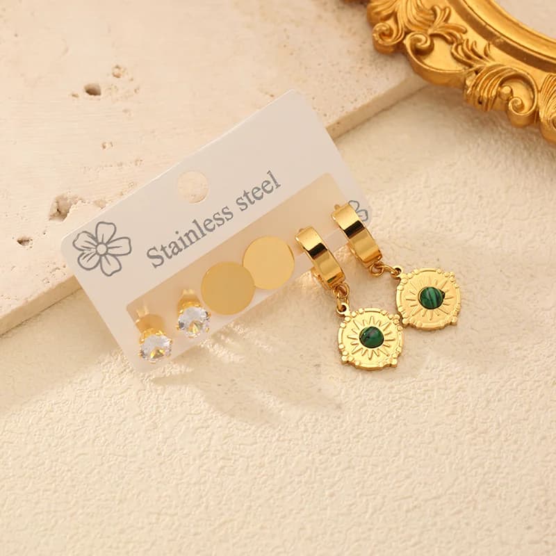 3-Pair Vintage Green Stone Drop Earring Set