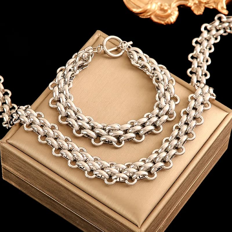Cuban Chain Necklace and Bracelet Set, Silver