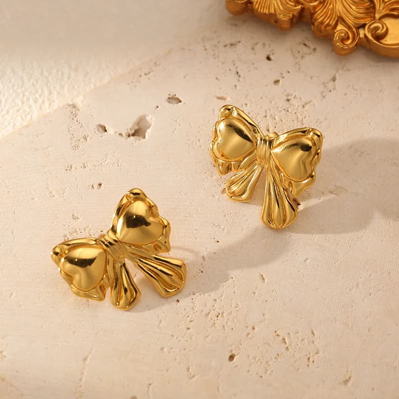 Stainless Steel Gold Bow Stud Earrings