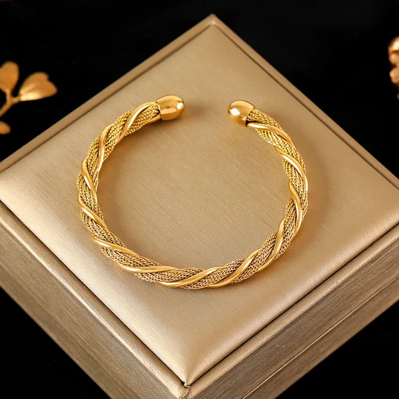 316L Stainless Steel Gold Color Twisted Adjustable Bangle
