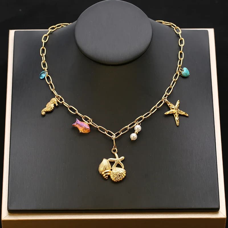 Gold Starfish Turtle Pendant Necklace