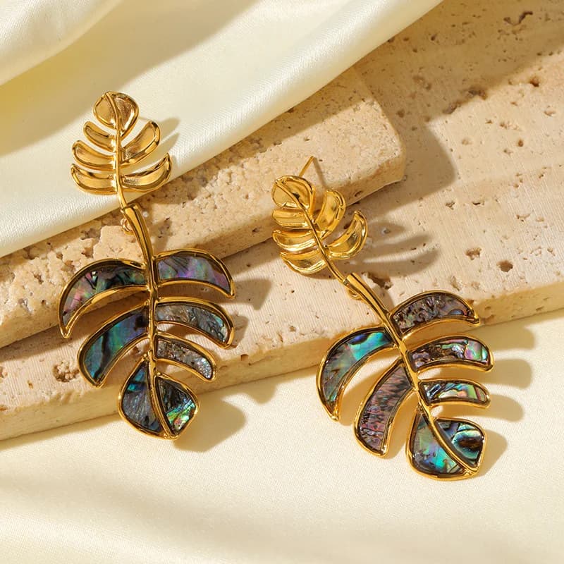 Palm Leaves Drop Dangle Earrings, Gold Plated