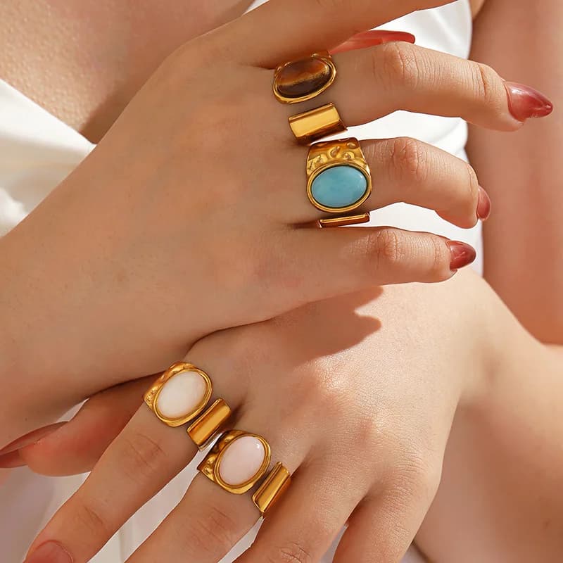 Stainless Steel Vintage Oval Stone Adjustable Ring