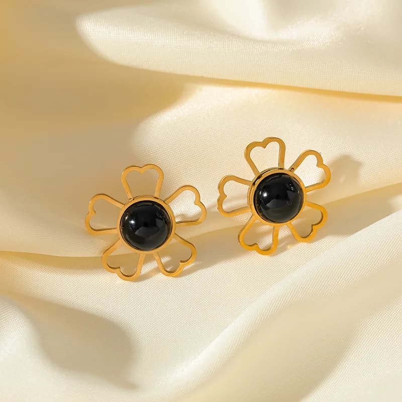 Black Stone Flower Necklace and Earring Set