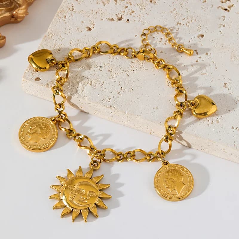 Gold Color Sun Coin Charm Bracelet