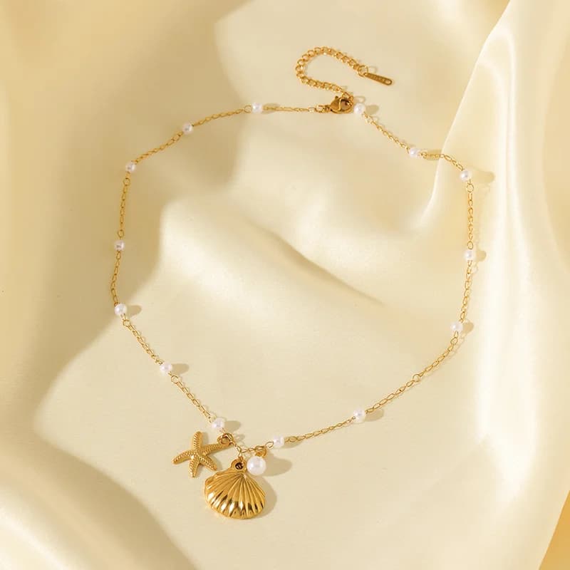 Stainless Steel Sun Starfish Shell Pendant Necklace