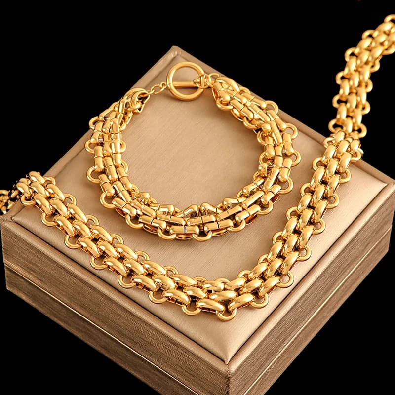 Cuban Chain Necklace and Bracelet Set, Silver