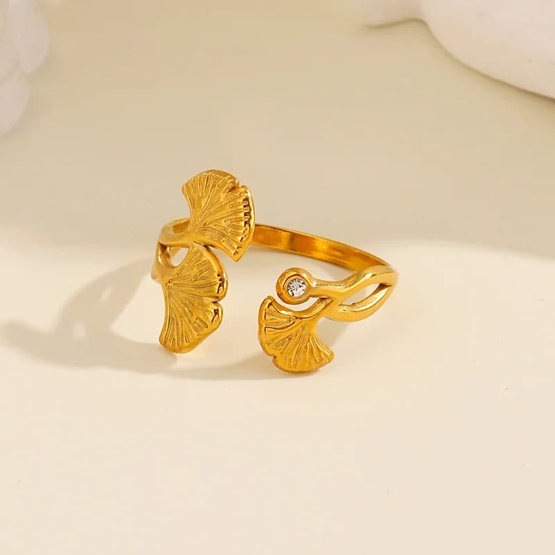 Ginkgo Leaf Zircon Adjustable Ring, Stainless Steel