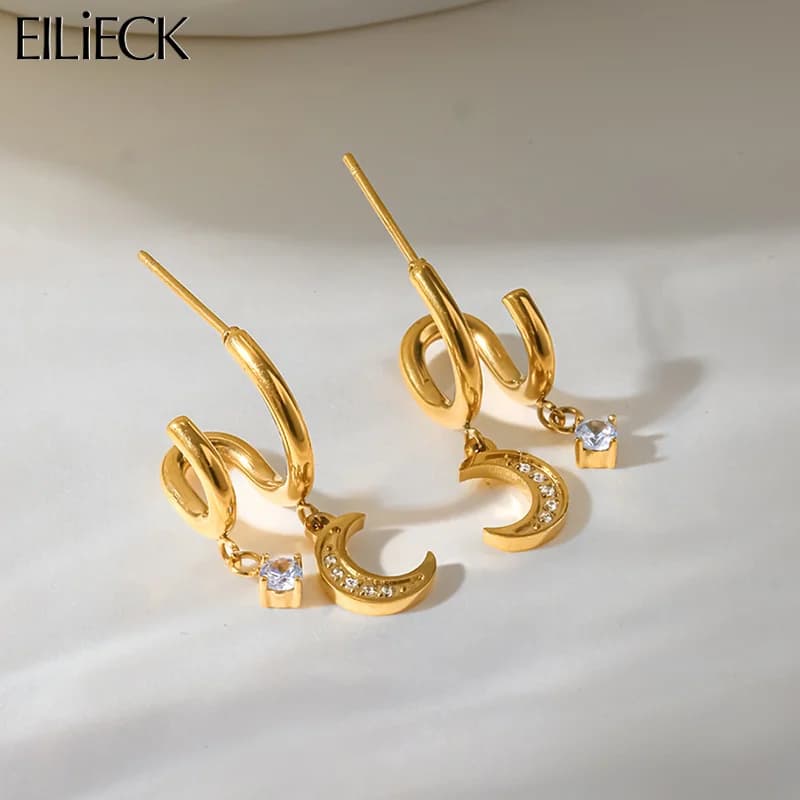 Zircon Moon Stud Earrings, Stainless Steel