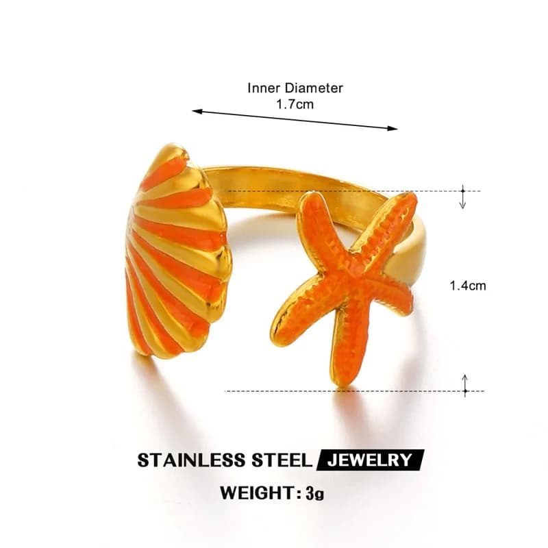 Enamel Starfish and Shell Adjustable Ring, Stainless Steel