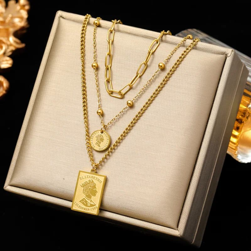 Multi-Layer Geometric Coin Stone Pendant Necklace