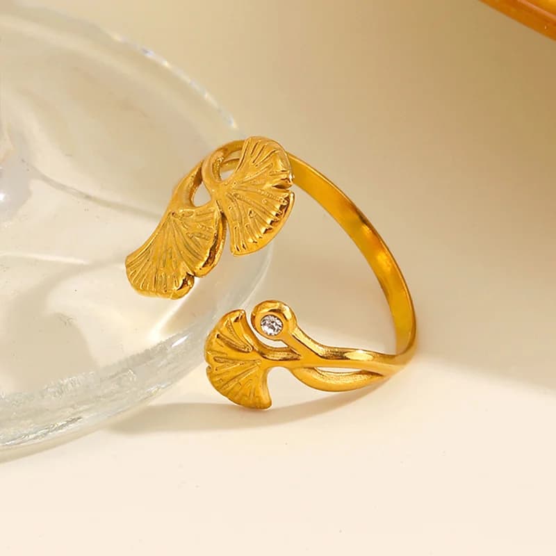 Ginkgo Leaf Zircon Adjustable Ring, Stainless Steel