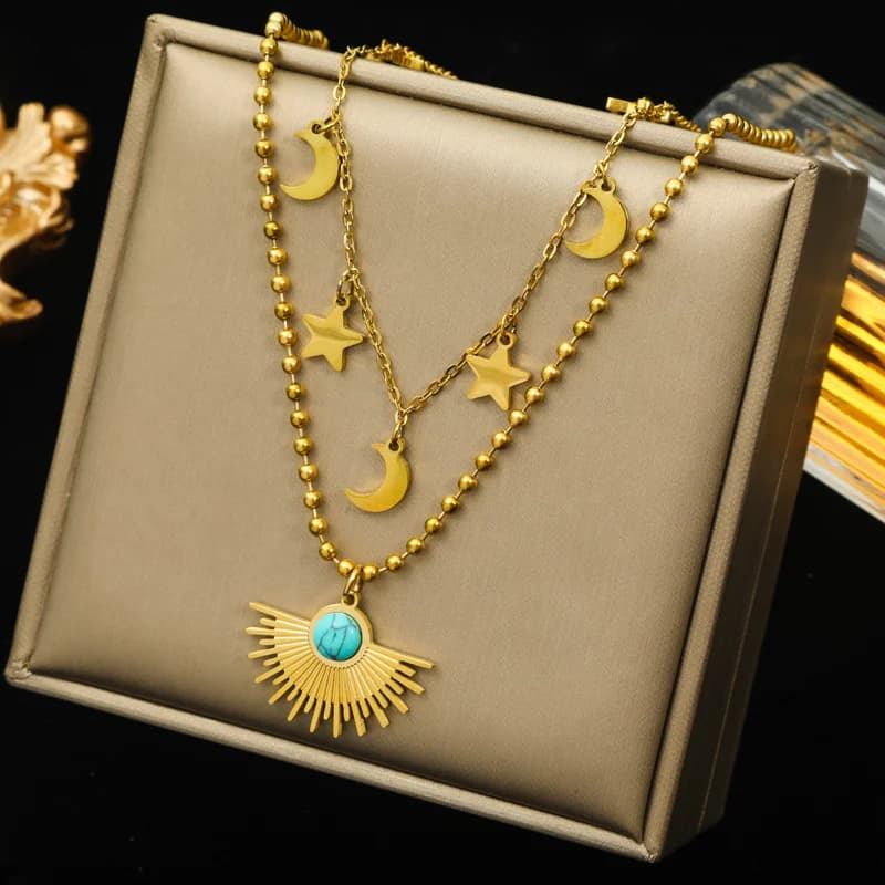 Multi-Layer Geometric Coin Stone Pendant Necklace
