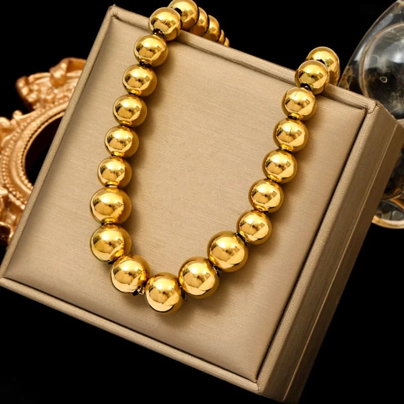Solid Beaded Necklace, Gold Color Stainless Steel