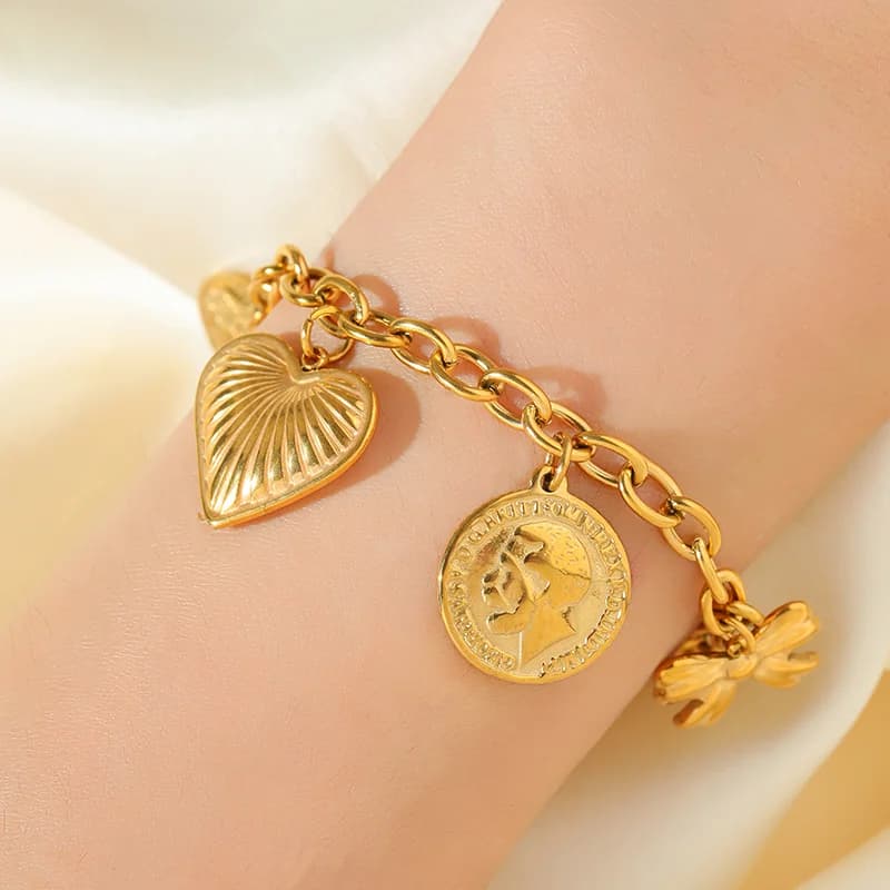 Heart Sun Charm Bracelet, Gold, PVD Plated
