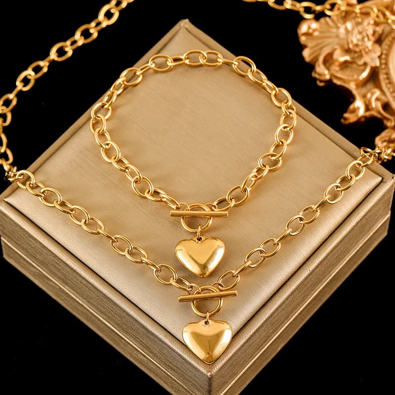 Gold Heart Charm Necklace and Bracelet Set