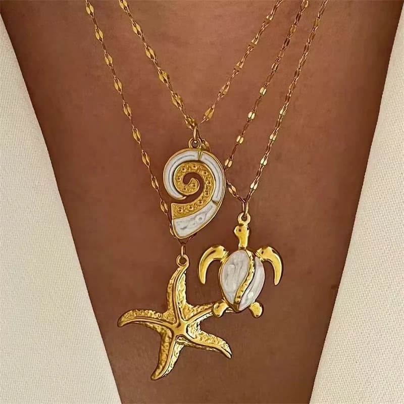 Pearl Shell Starfish Sun Charm Necklace, Gold