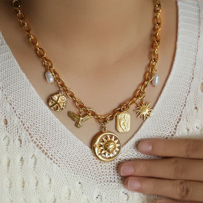 Gold Starfish Shell Sun Pendant Necklace