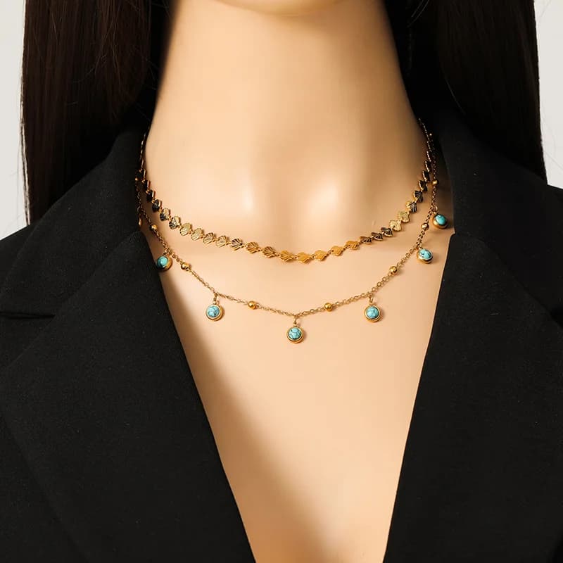 Stainless Steel Artificial Turquoise Double Layer Necklace