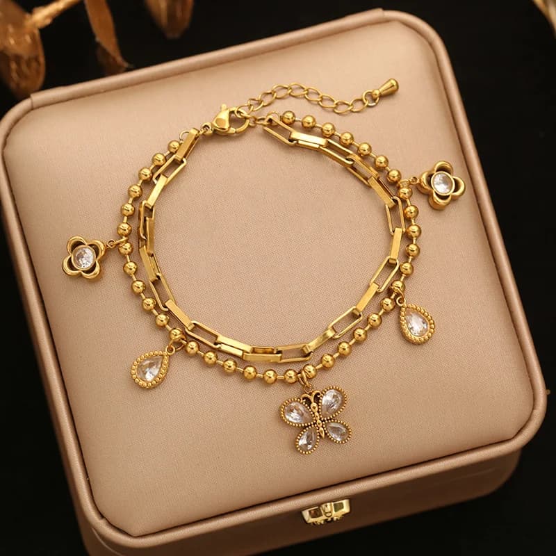 Flower Pearl Charm Herringbone Bracelet, 18K Gold