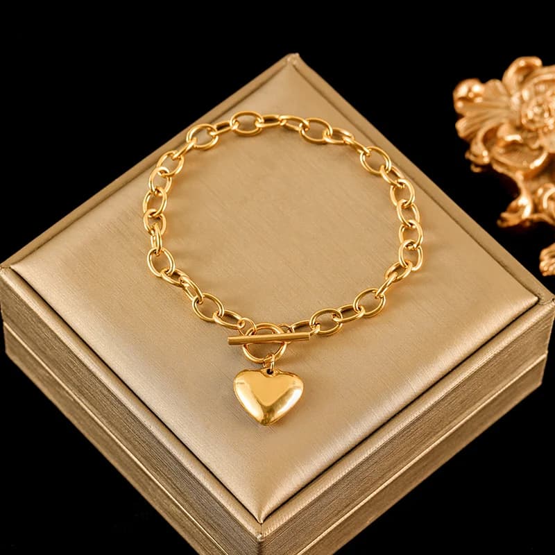 Gold Heart Charm Necklace and Bracelet Set