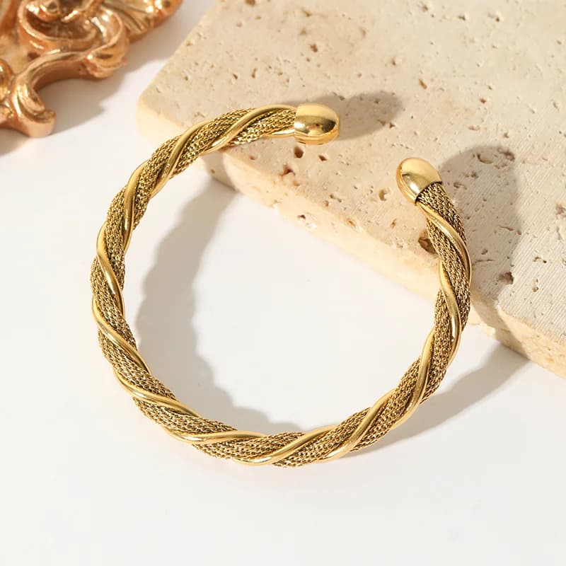 316L Stainless Steel Gold Color Twisted Adjustable Bangle